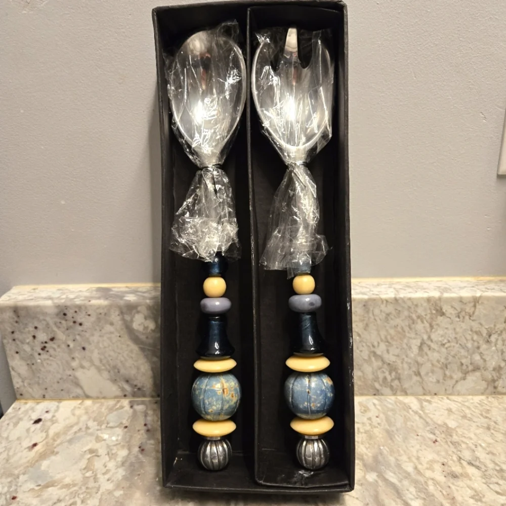 SouthCoast Beaded Handle Stainless Steel Salad Servers NEW Original Box
